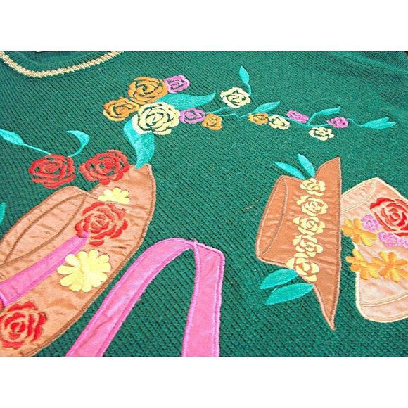 Vintage Lambelle Green Bright Floral Hat Design Tunic Sweater Wool Blend Sz M - Picture 6 of 12
